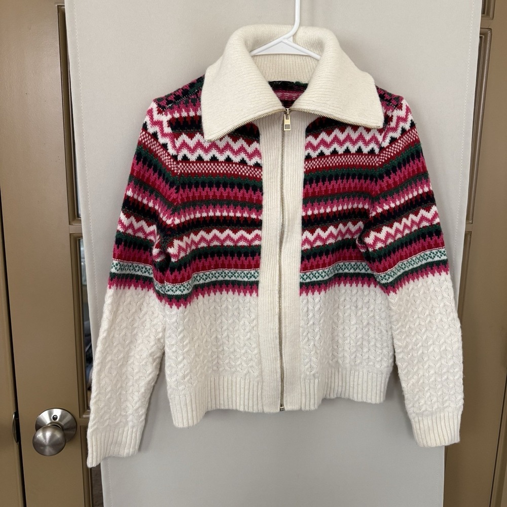 Talbots Womens Small Joyful Fair Isle Full Zip Up Cardigan Wool Blend Sweater